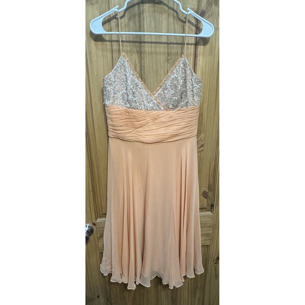 Badgley Mischka Peach Lace Beaded Bodice Chiffon Cocktail Dress 8 Elegant Glam